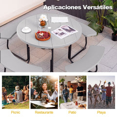 Juego de Muebles para 8 Personas con 4 Bancos Orificio para Sombrilla y Mesa Redonda de Camping para Picnic Jardín Carga 225 kg Gris