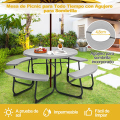 Juego de Muebles para 8 Personas con 4 Bancos Orificio para Sombrilla y Mesa Redonda de Camping para Picnic Jardín Carga 225 kg Gris