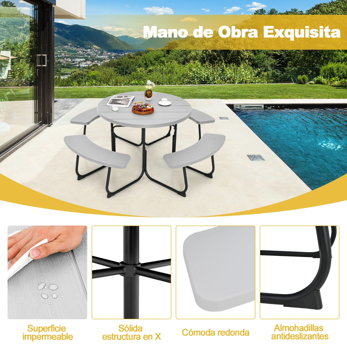 Juego de Muebles para 8 Personas con 4 Bancos Orificio para Sombrilla y Mesa Redonda de Camping para Picnic Jardín Carga 225 kg Gris