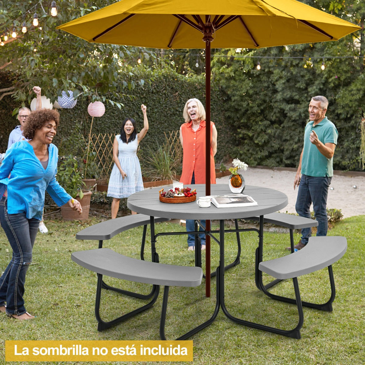 Juego de Muebles para 8 Personas con 4 Bancos Orificio para Sombrilla y Mesa Redonda de Camping para Picnic Jardín Carga 225 kg Gris