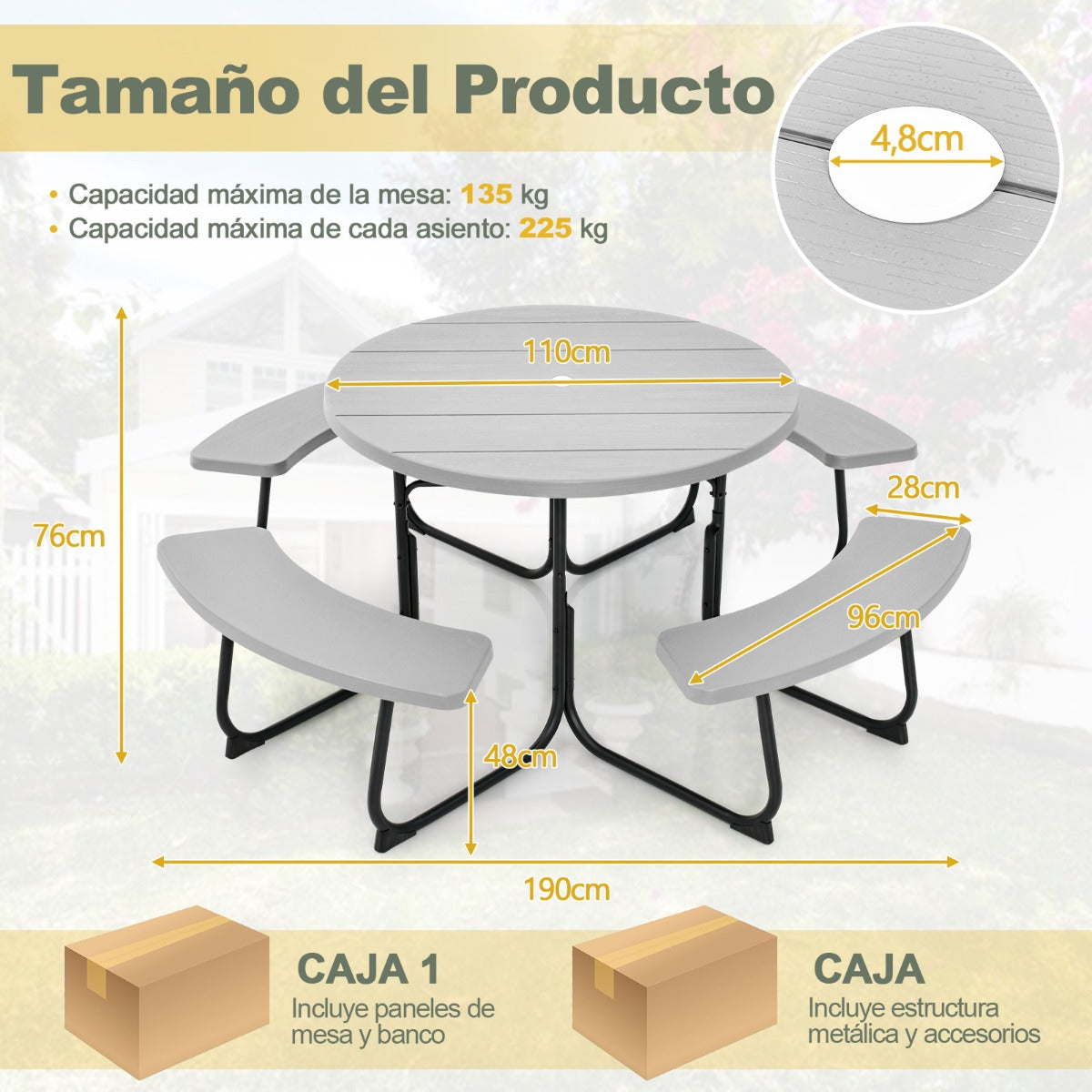 Juego de Muebles para 8 Personas con 4 Bancos Orificio para Sombrilla y Mesa Redonda de Camping para Picnic Jardín Carga 225 kg Gris