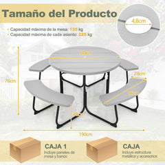 Juego de Muebles para 8 Personas con 4 Bancos Orificio para Sombrilla y Mesa Redonda de Camping para Picnic Jardín Carga 225 kg Gris