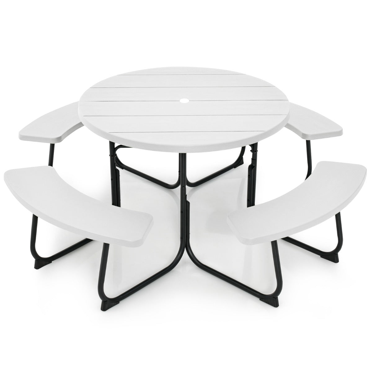 Juego de Muebles para 8 Personas con 4 Bancos Orificio para Sombrilla y Mesa Redonda de Camping para Picnic Jardín Carga 225 kg Blanco