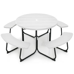 Juego de Muebles para 8 Personas con 4 Bancos Orificio para Sombrilla y Mesa Redonda de Camping para Picnic Jardín Carga 225 kg Blanco