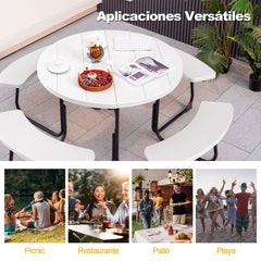 Juego de Muebles para 8 Personas con 4 Bancos Orificio para Sombrilla y Mesa Redonda de Camping para Picnic Jardín Carga 225 kg Blanco