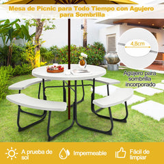Juego de Muebles para 8 Personas con 4 Bancos Orificio para Sombrilla y Mesa Redonda de Camping para Picnic Jardín Carga 225 kg Blanco