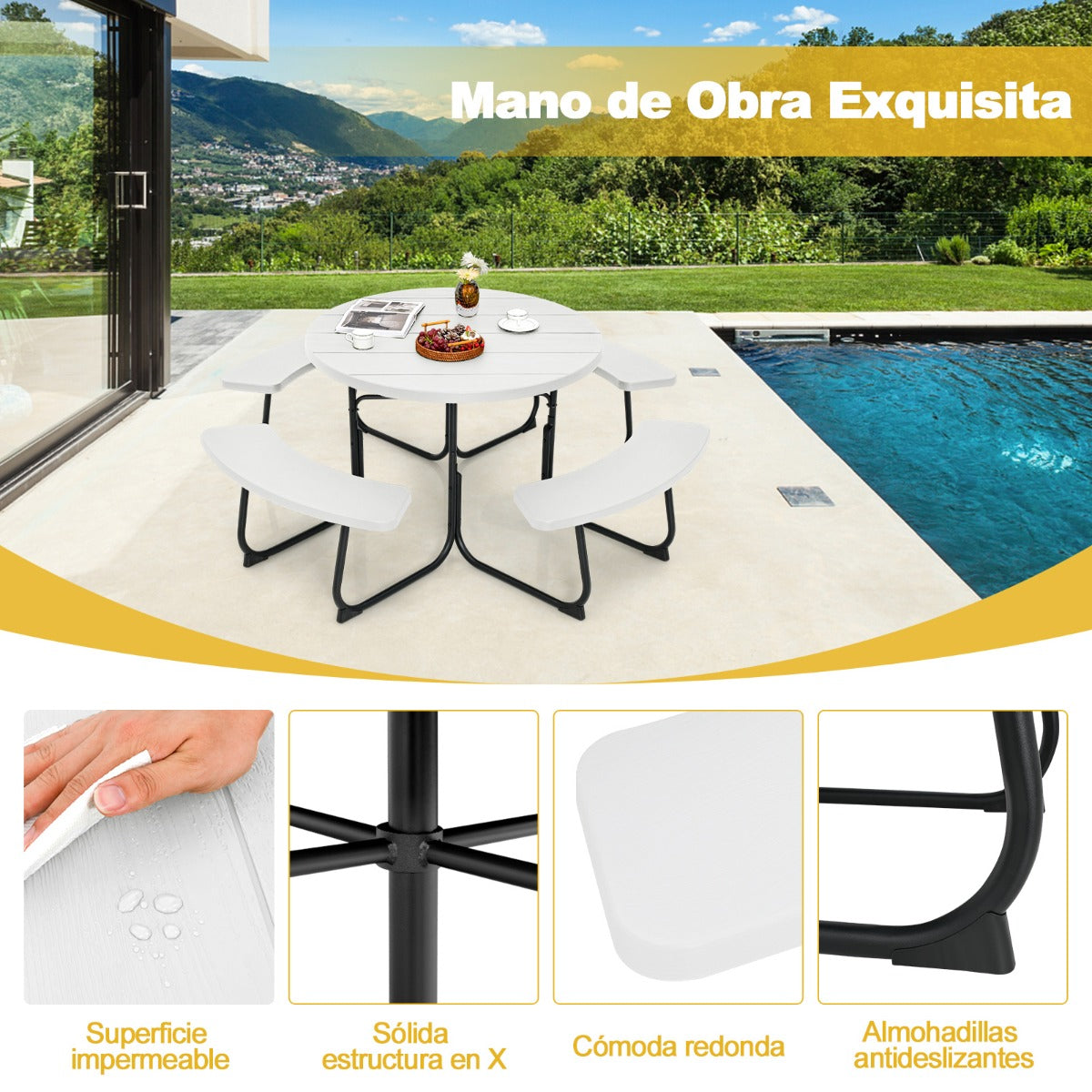 Juego de Muebles para 8 Personas con 4 Bancos Orificio para Sombrilla y Mesa Redonda de Camping para Picnic Jardín Carga 225 kg Blanco