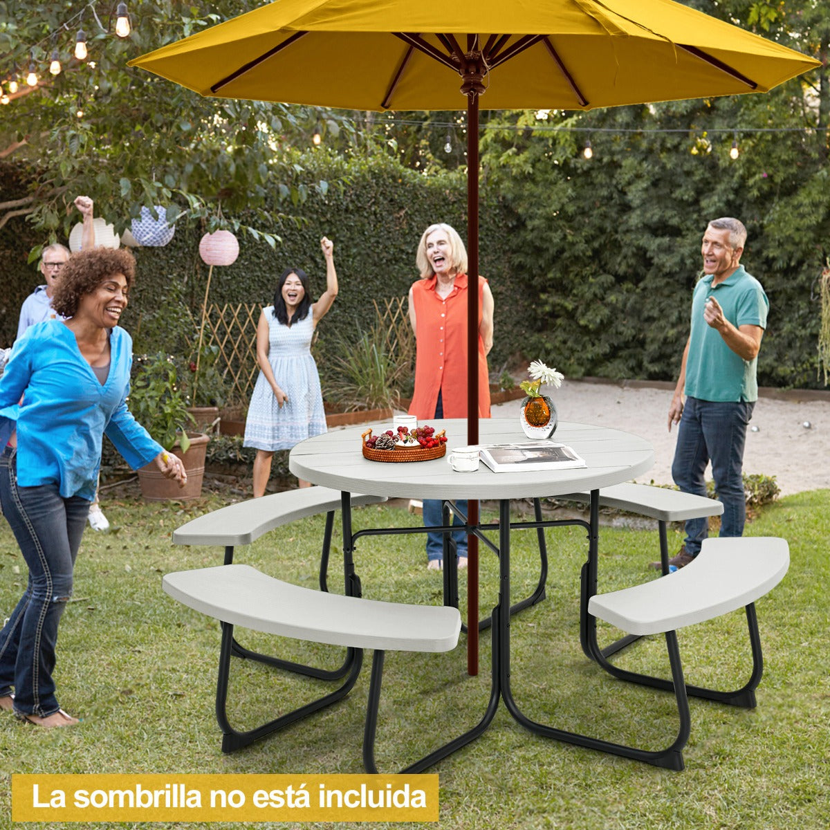 Juego de Muebles para 8 Personas con 4 Bancos Orificio para Sombrilla y Mesa Redonda de Camping para Picnic Jardín Carga 225 kg Blanco