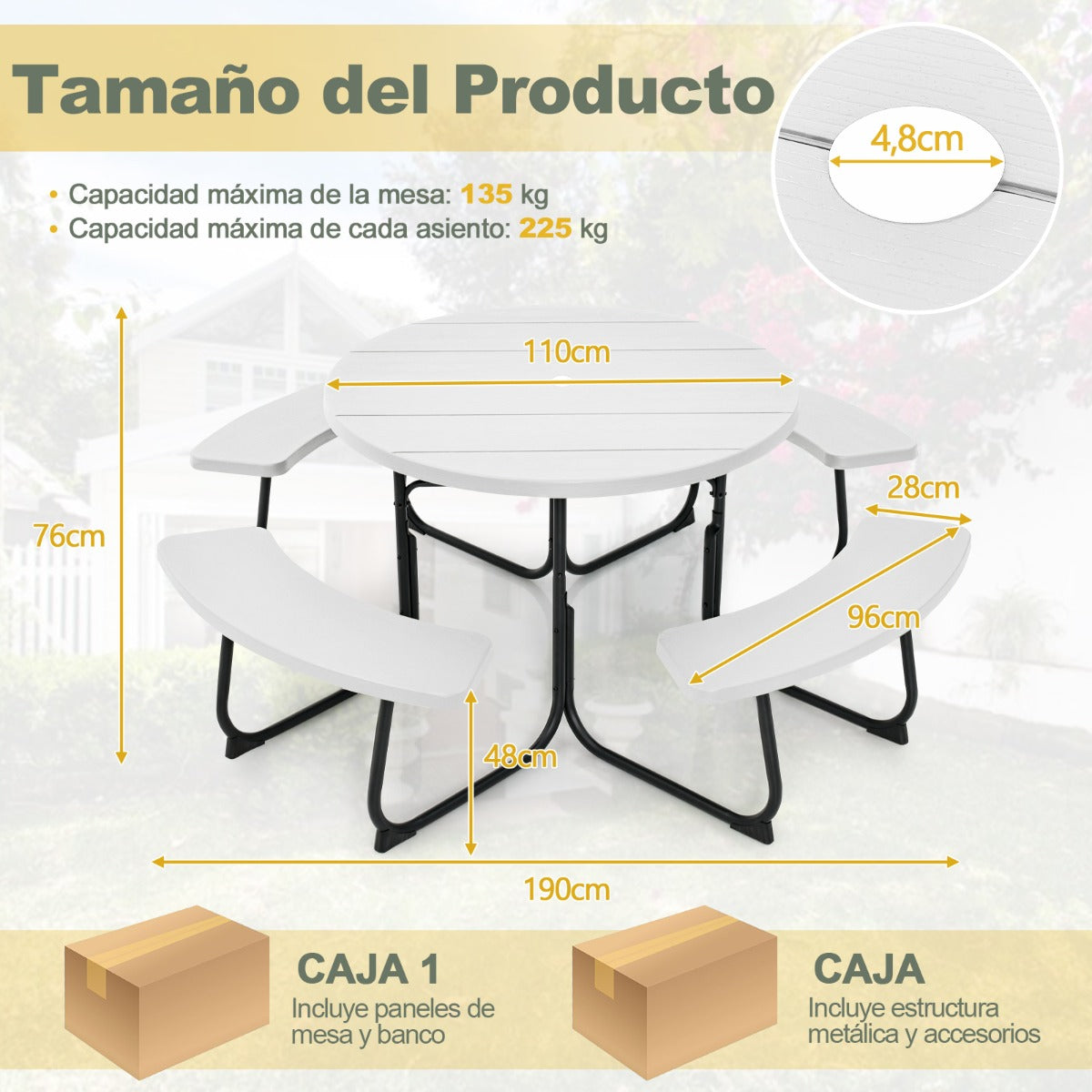 Juego de Muebles para 8 Personas con 4 Bancos Orificio para Sombrilla y Mesa Redonda de Camping para Picnic Jardín Carga 225 kg Blanco