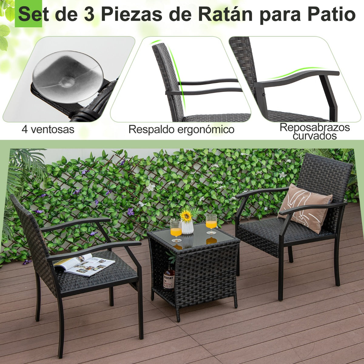 Conjunto de 3 Piezas de Mesa de Vidrio Templado y 2 Sillas de Mimbre con Asientos Acolchados Estructura de Metal para Patio Jardín Marrón