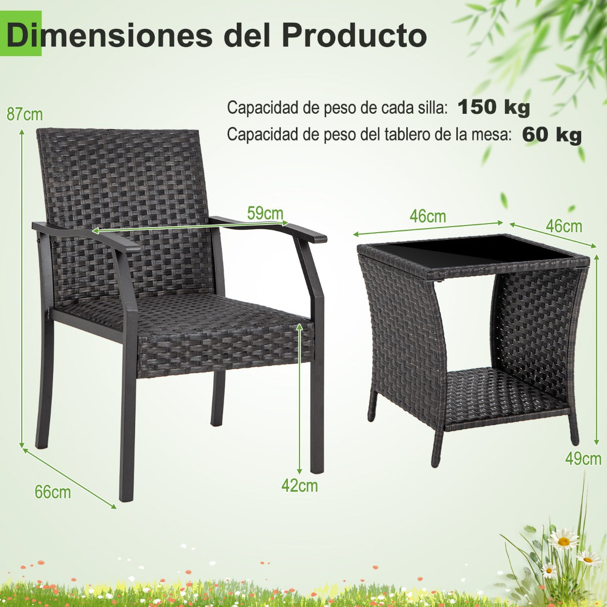 Conjunto de 3 Piezas de Mesa de Vidrio Templado y 2 Sillas de Mimbre con Asientos Acolchados Estructura de Metal para Patio Jardín Marrón