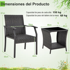 Conjunto de 3 Piezas de Mesa de Vidrio Templado y 2 Sillas de Mimbre con Asientos Acolchados Estructura de Metal para Patio Jardín Marrón