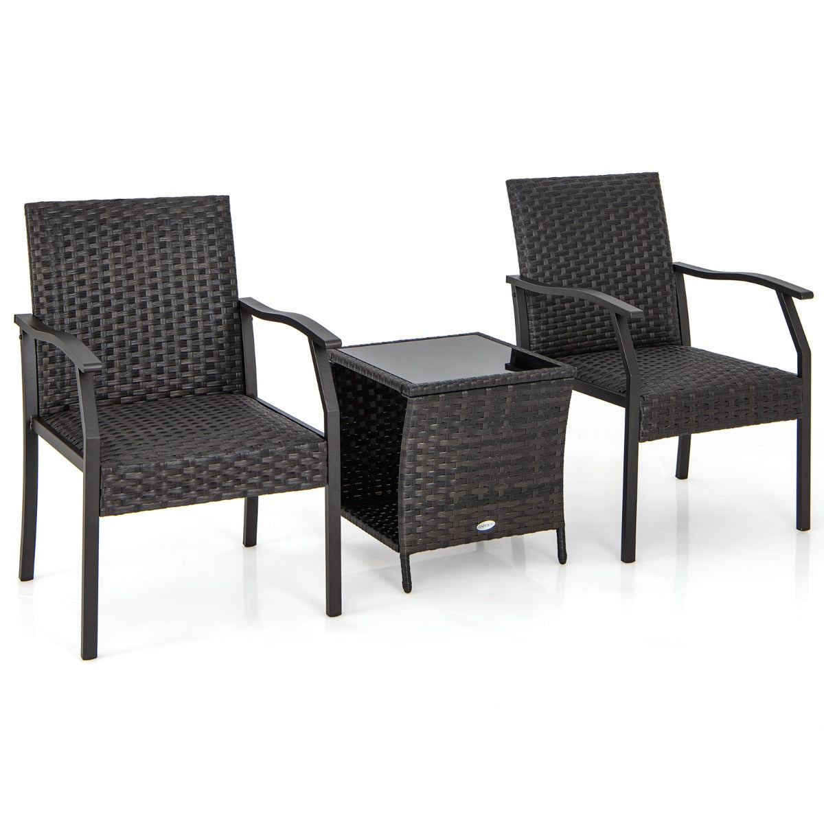 Conjunto de 3 Piezas de Mesa de Vidrio Templado y 2 Sillas de Mimbre con Asientos Acolchados Estructura de Metal para Patio Jardín Marrón