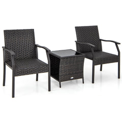 Conjunto de 3 Piezas de Mesa de Vidrio Templado y 2 Sillas de Mimbre con Asientos Acolchados Estructura de Metal para Patio Jardín Marrón