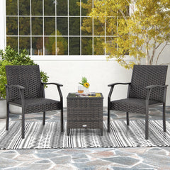 Conjunto de 3 Piezas de Mesa de Vidrio Templado y 2 Sillas de Mimbre con Asientos Acolchados Estructura de Metal para Patio Jardín Marrón