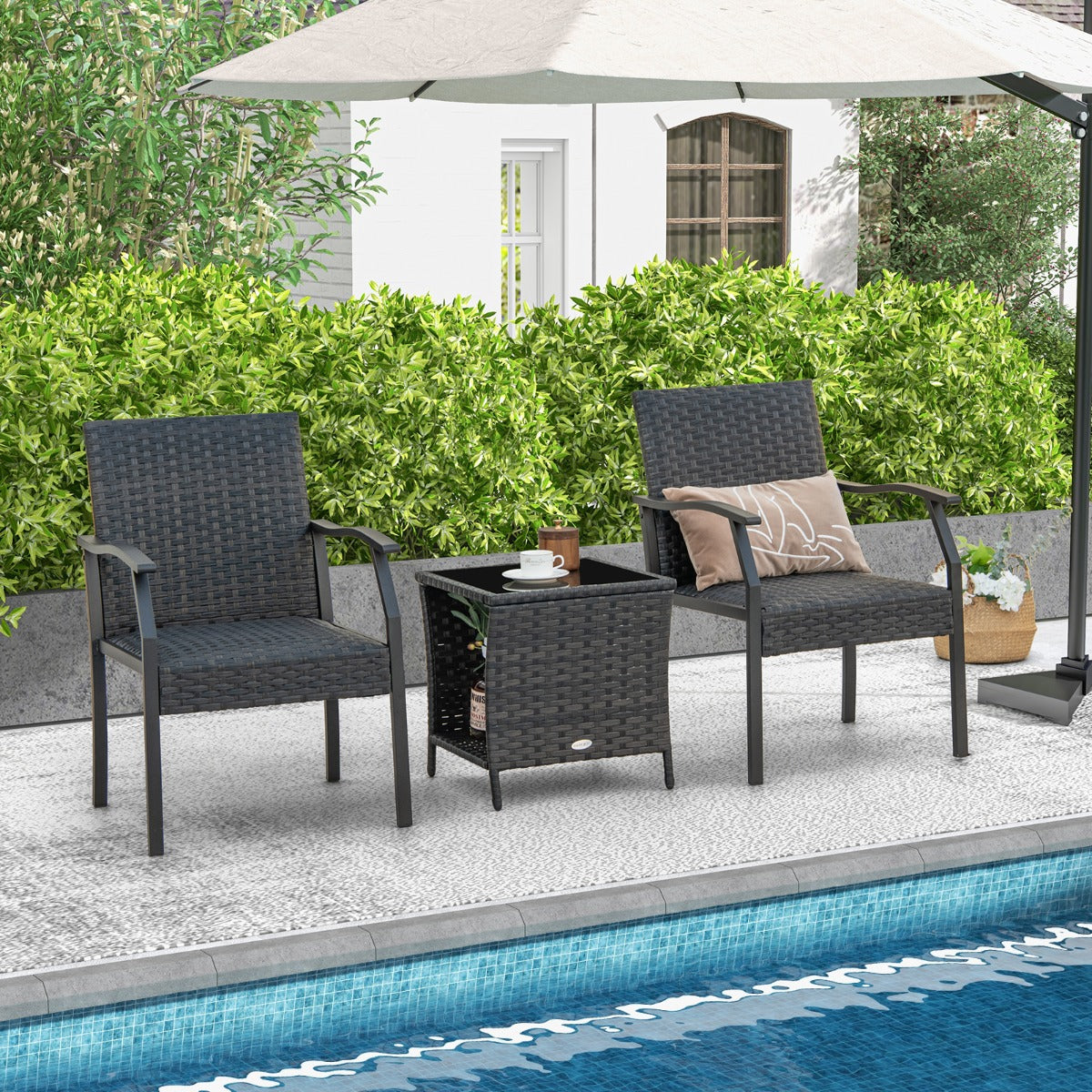 Conjunto de 3 Piezas de Mesa de Vidrio Templado y 2 Sillas de Mimbre con Asientos Acolchados Estructura de Metal para Patio Jardín Marrón