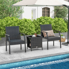 Conjunto de 3 Piezas de Mesa de Vidrio Templado y 2 Sillas de Mimbre con Asientos Acolchados Estructura de Metal para Patio Jardín Marrón
