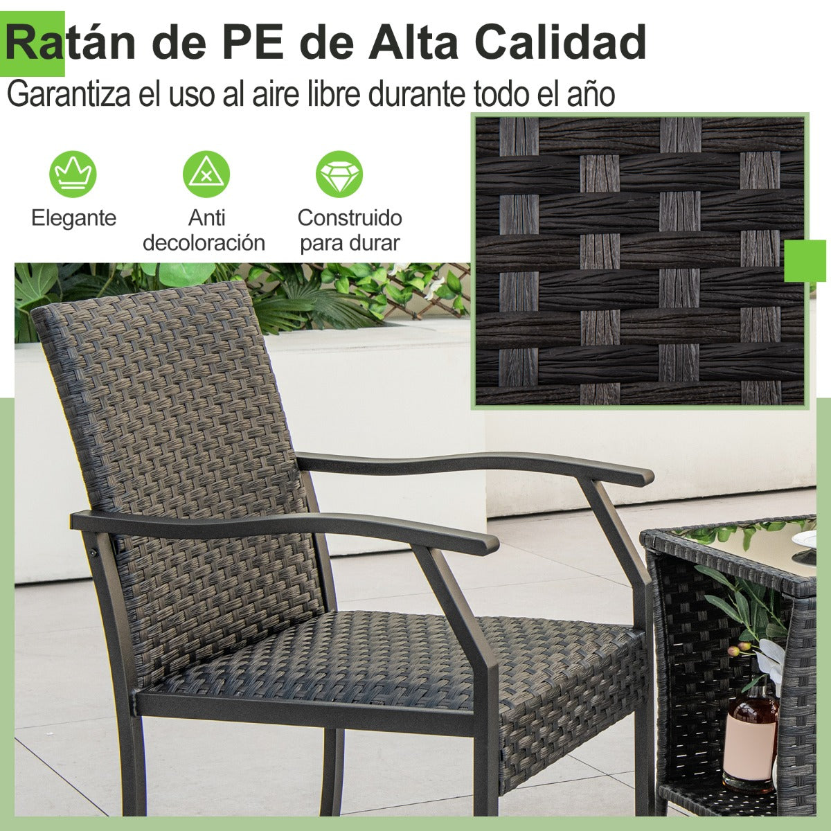 Conjunto de 3 Piezas de Mesa de Vidrio Templado y 2 Sillas de Mimbre con Asientos Acolchados Estructura de Metal para Patio Jardín Marrón