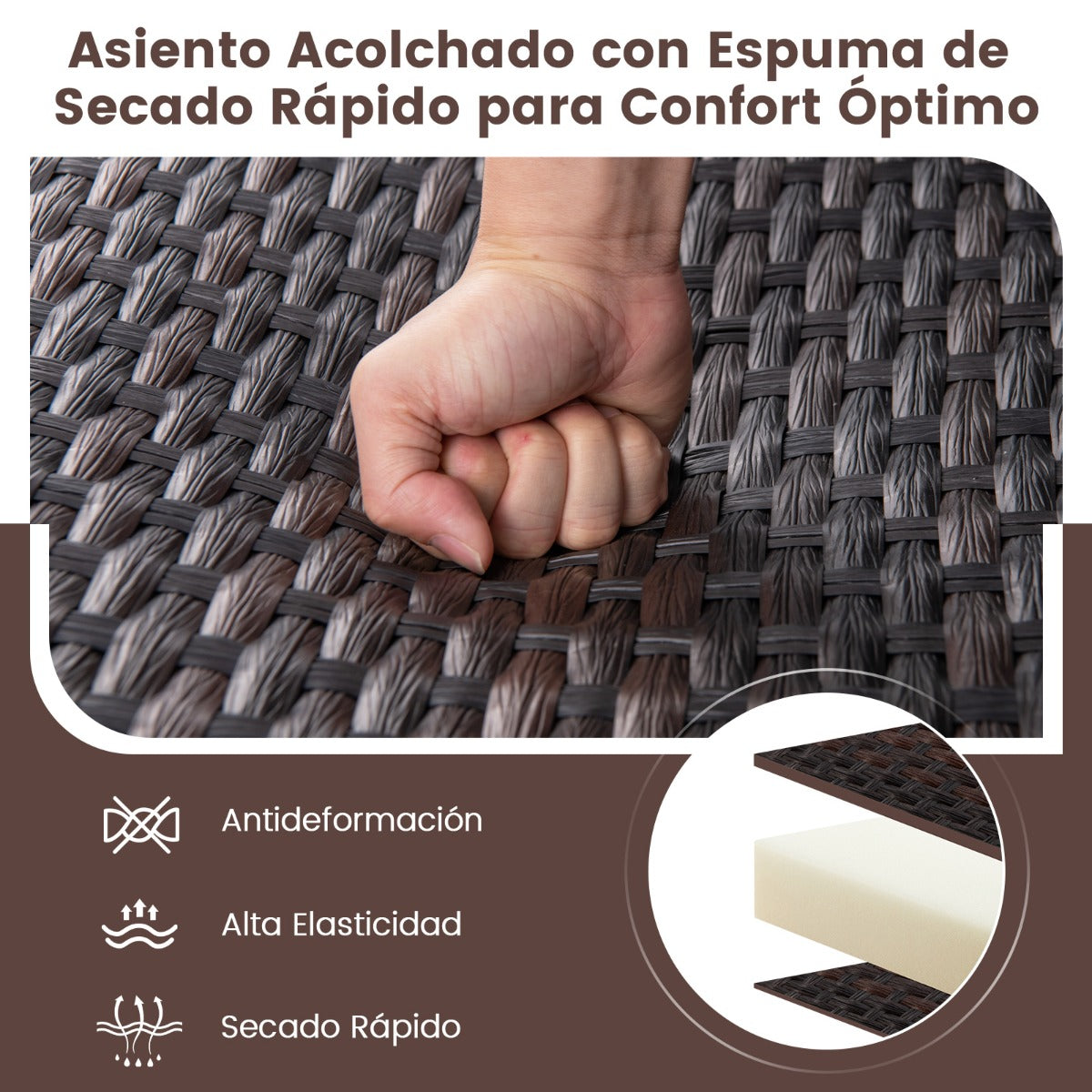 Juego de 3 Piezas de Muebles de Mimbre con Mesa de Centro de Vidrio Templado Asiento de Ratán Estructura de Metal para Patio Marrón