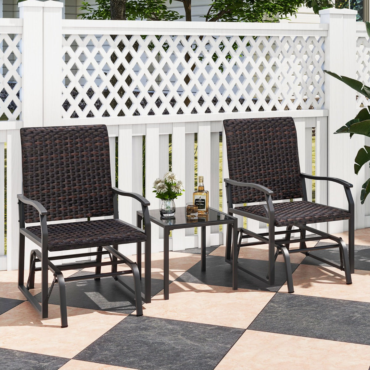 Juego de 3 Piezas de Muebles de Mimbre con Mesa de Centro de Vidrio Templado Asiento de Ratán Estructura de Metal para Patio Marrón