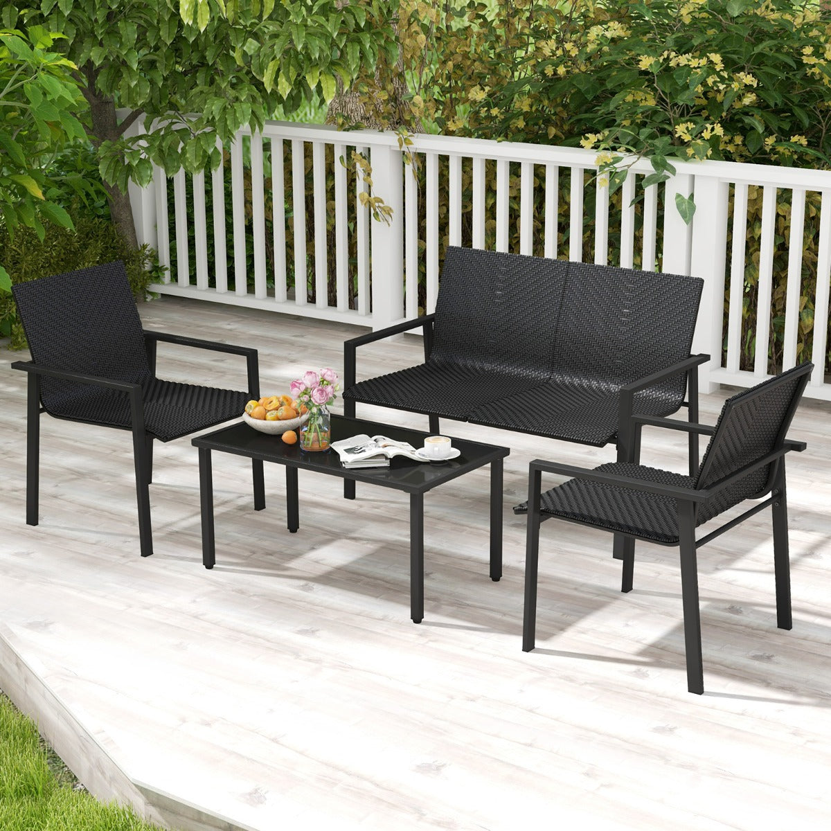 Juego de Muebles de Patio de 4 Piezas con Marco de Metal Galvanizado Resistente Juego de Mesa y Sillas de Mimbre para Balcón Negro