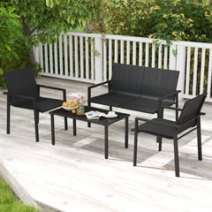 Juego de Muebles de Patio de 4 Piezas con Marco de Metal Galvanizado Resistente Juego de Mesa y Sillas de Mimbre para Balcón Negro