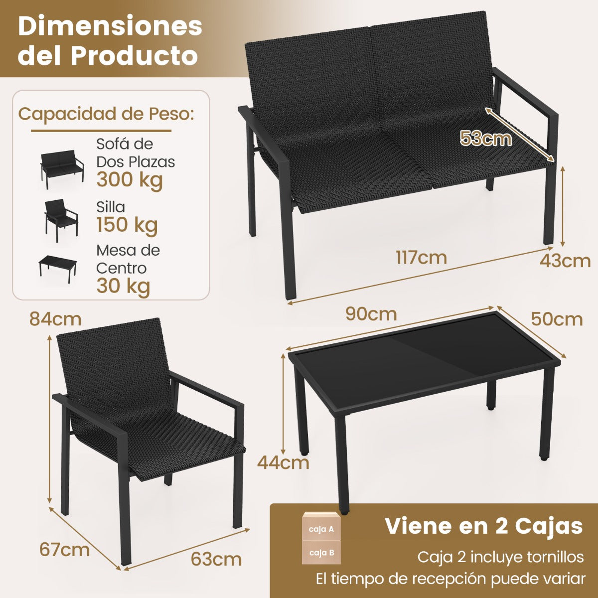 Juego de Muebles de Patio de 4 Piezas con Marco de Metal Galvanizado Resistente Juego de Mesa y Sillas de Mimbre para Balcón Negro