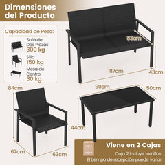 Juego de Muebles de Patio de 4 Piezas con Marco de Metal Galvanizado Resistente Juego de Mesa y Sillas de Mimbre para Balcón Negro