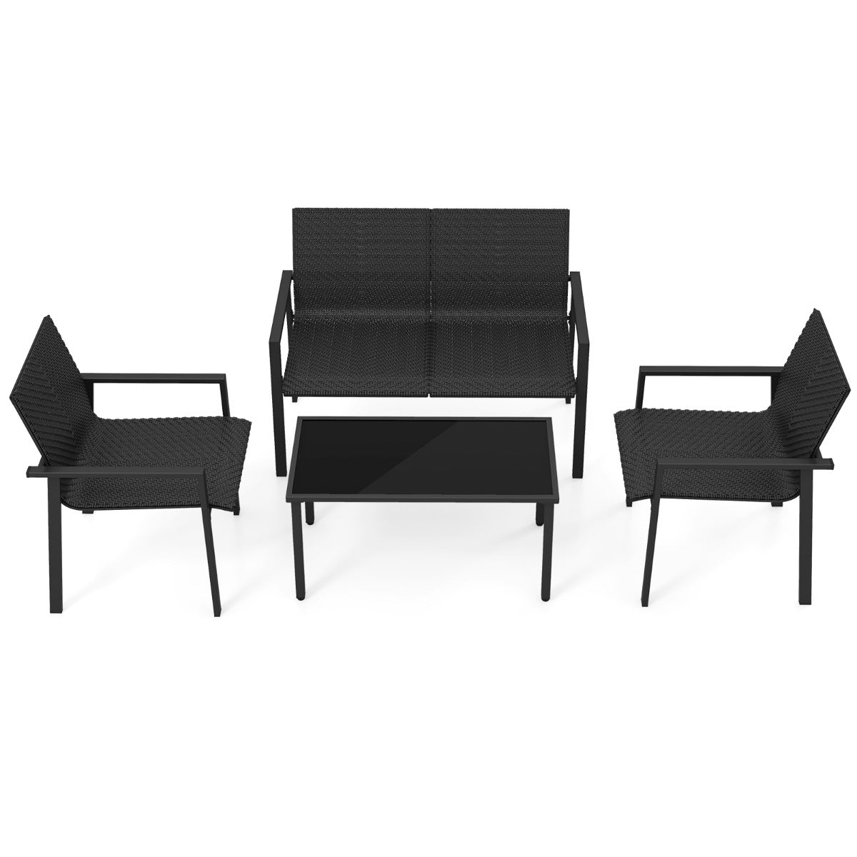 Juego de Muebles de Patio de 4 Piezas con Marco de Metal Galvanizado Resistente Juego de Mesa y Sillas de Mimbre para Balcón Negro