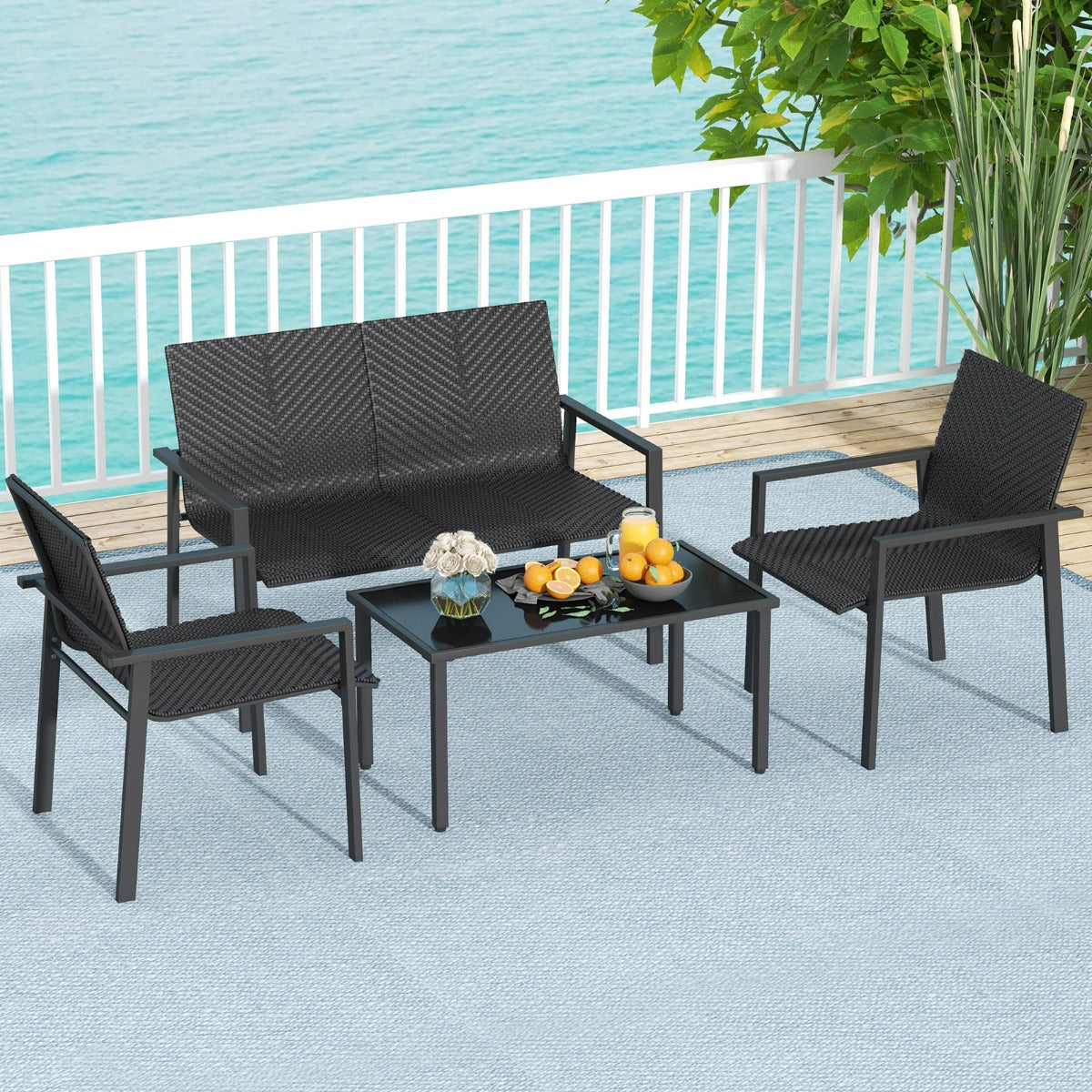 Juego de Muebles de Patio de 4 Piezas con Marco de Metal Galvanizado Resistente Juego de Mesa y Sillas de Mimbre para Balcón Negro