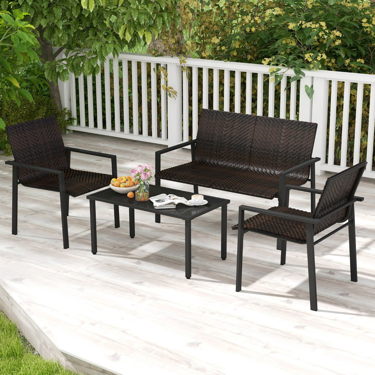 Juego de Muebles de Patio de 4 Piezas con Marco de Metal Galvanizado Resistente Juego de Mesa y Sillas de Mimbre para Balcón Marrón