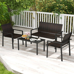 Juego de Muebles de Patio de 4 Piezas con Marco de Metal Galvanizado Resistente Juego de Mesa y Sillas de Mimbre para Balcón Marrón
