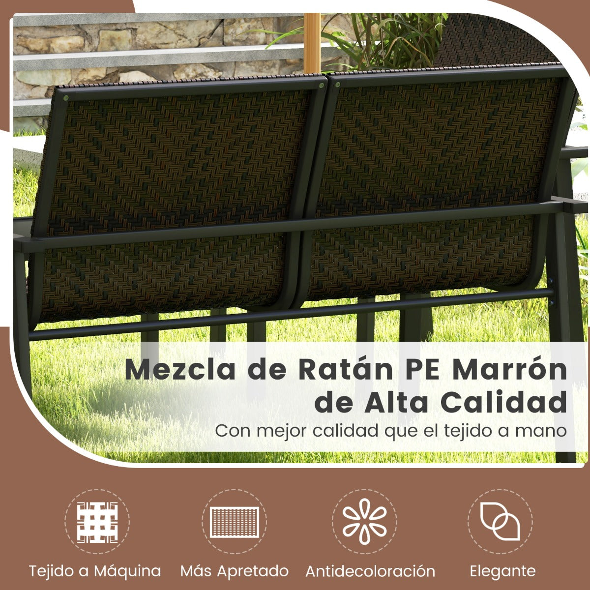 Juego de Muebles de Patio de 4 Piezas con Marco de Metal Galvanizado Resistente Juego de Mesa y Sillas de Mimbre para Balcón Marrón
