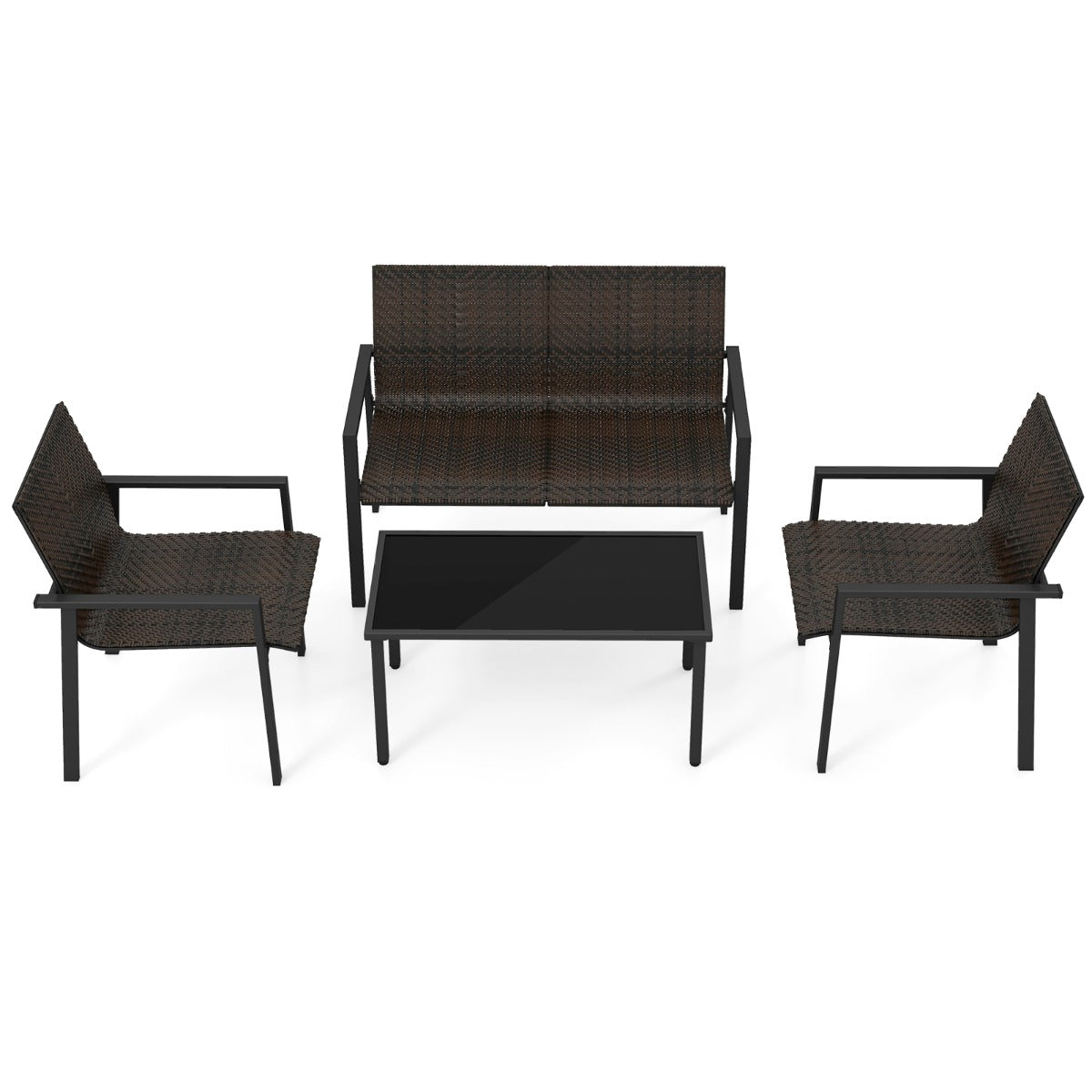 Juego de Muebles de Patio de 4 Piezas con Marco de Metal Galvanizado Resistente Juego de Mesa y Sillas de Mimbre para Balcón Marrón