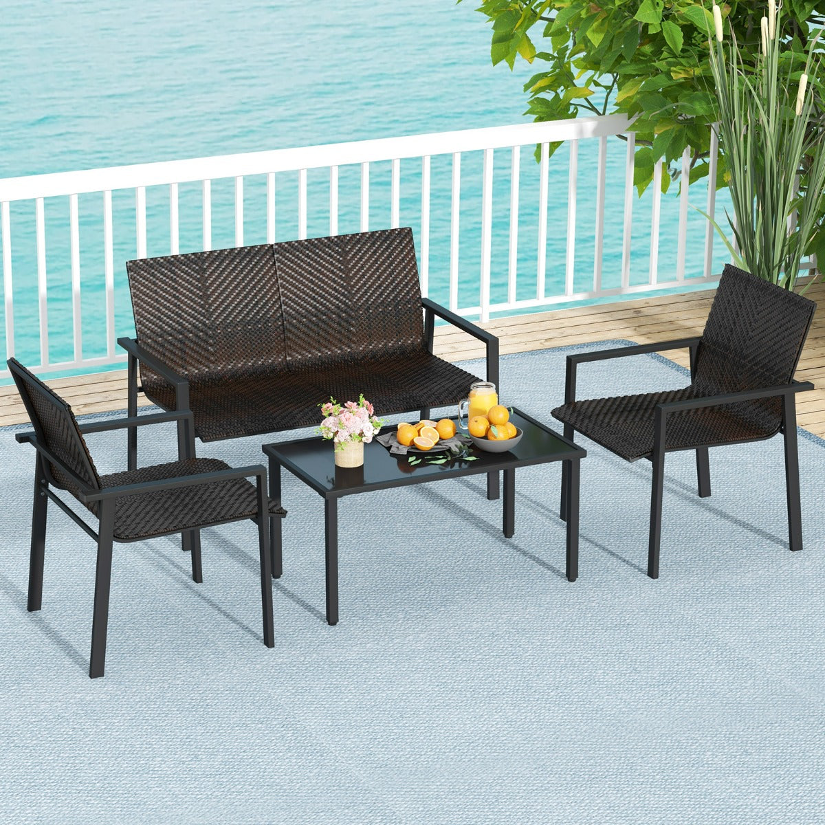 Juego de Muebles de Patio de 4 Piezas con Marco de Metal Galvanizado Resistente Juego de Mesa y Sillas de Mimbre para Balcón Marrón
