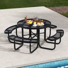 Juego de Mesa de Metal y 4 Bancos Redonda para 8 Personas con Asientos Orificio para Sombrilla para Jardín Piscina Césped Patio Negro