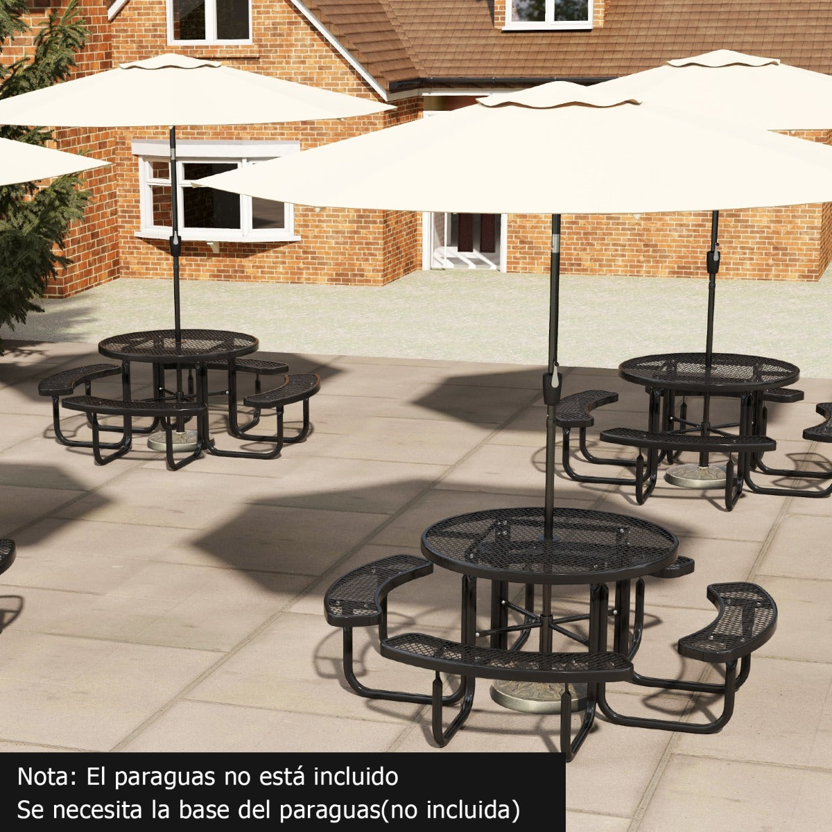Juego de Mesa de Metal y 4 Bancos Redonda para 8 Personas con Asientos Orificio para Sombrilla para Jardín Piscina Césped Patio Negro
