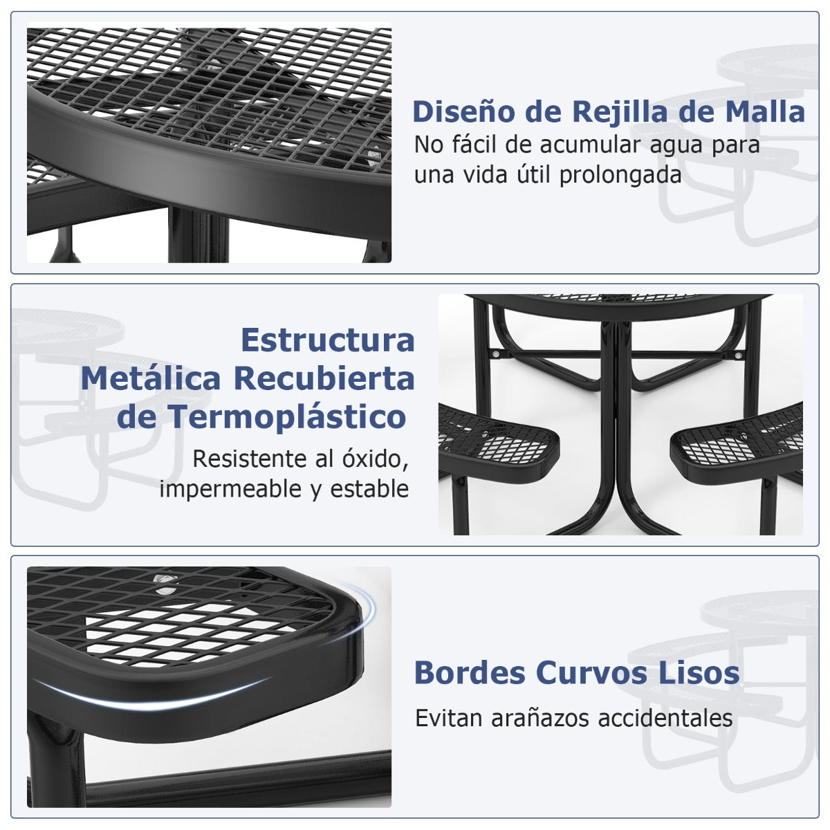 Juego de Mesa de Metal y 4 Bancos Redonda para 8 Personas con Asientos Orificio para Sombrilla para Jardín Piscina Césped Patio Negro