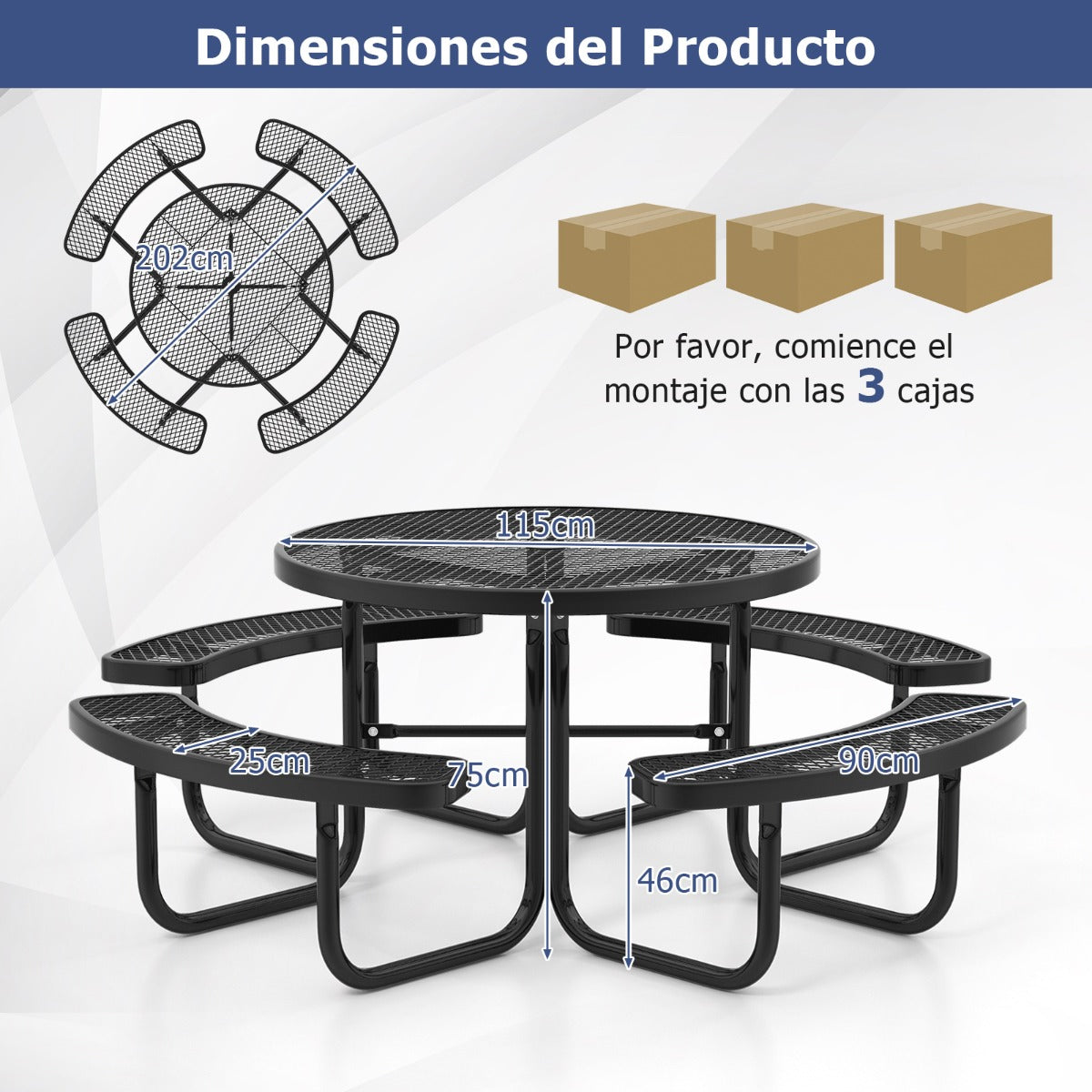 Juego de Mesa de Metal y 4 Bancos Redonda para 8 Personas con Asientos Orificio para Sombrilla para Jardín Piscina Césped Patio Negro