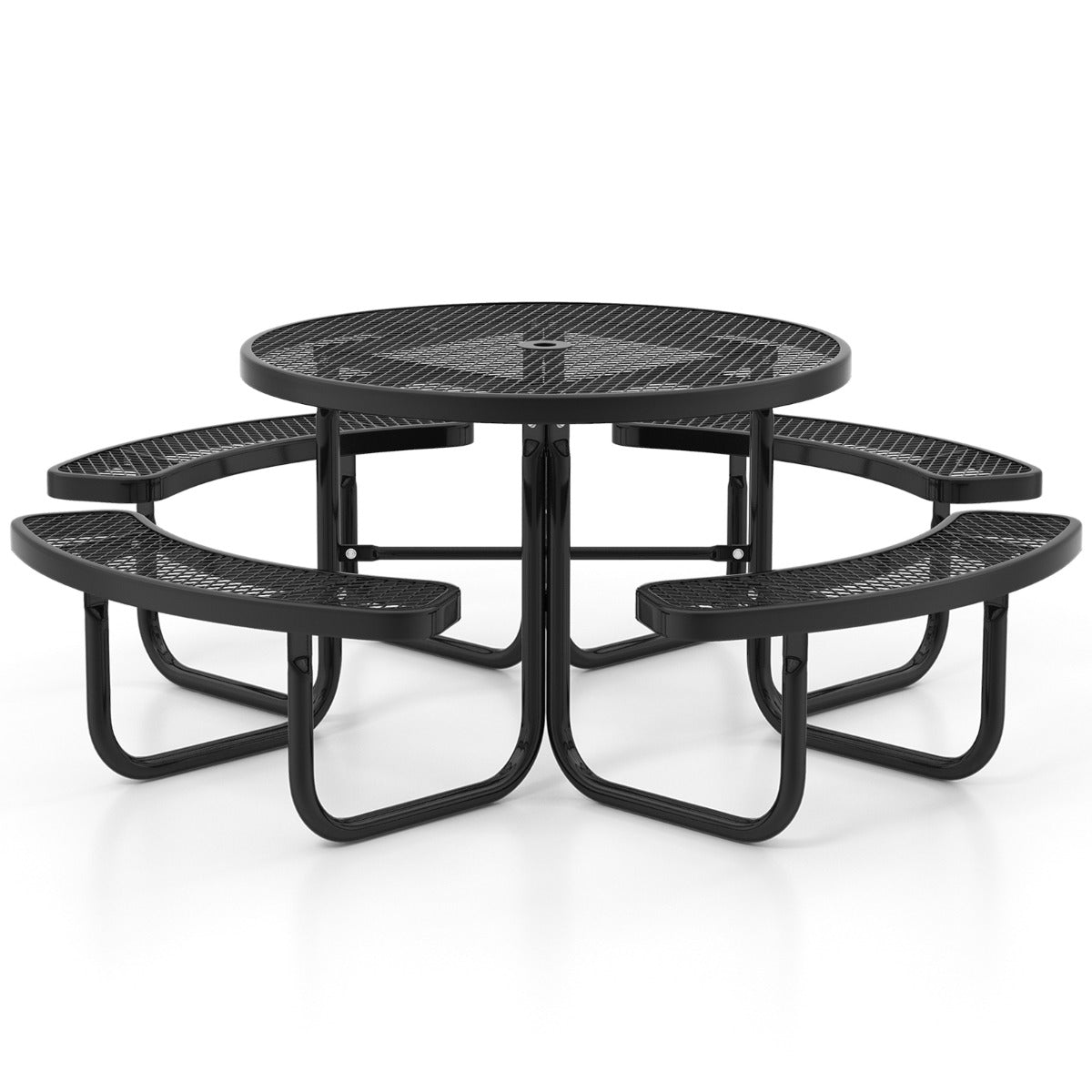 Juego de Mesa de Metal y 4 Bancos Redonda para 8 Personas con Asientos Orificio para Sombrilla para Jardín Piscina Césped Patio Negro