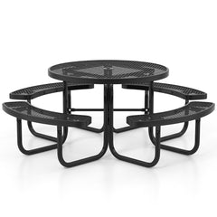 Juego de Mesa de Metal y 4 Bancos Redonda para 8 Personas con Asientos Orificio para Sombrilla para Jardín Piscina Césped Patio Negro