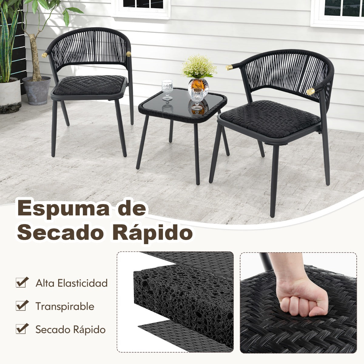 Juego de Muebles de Ratán de 3 Piezas con Sillas Acolchadas Mesa de Vidrio Templado Asiento de Mimbre Respaldo Tejido de Cuerda Negro