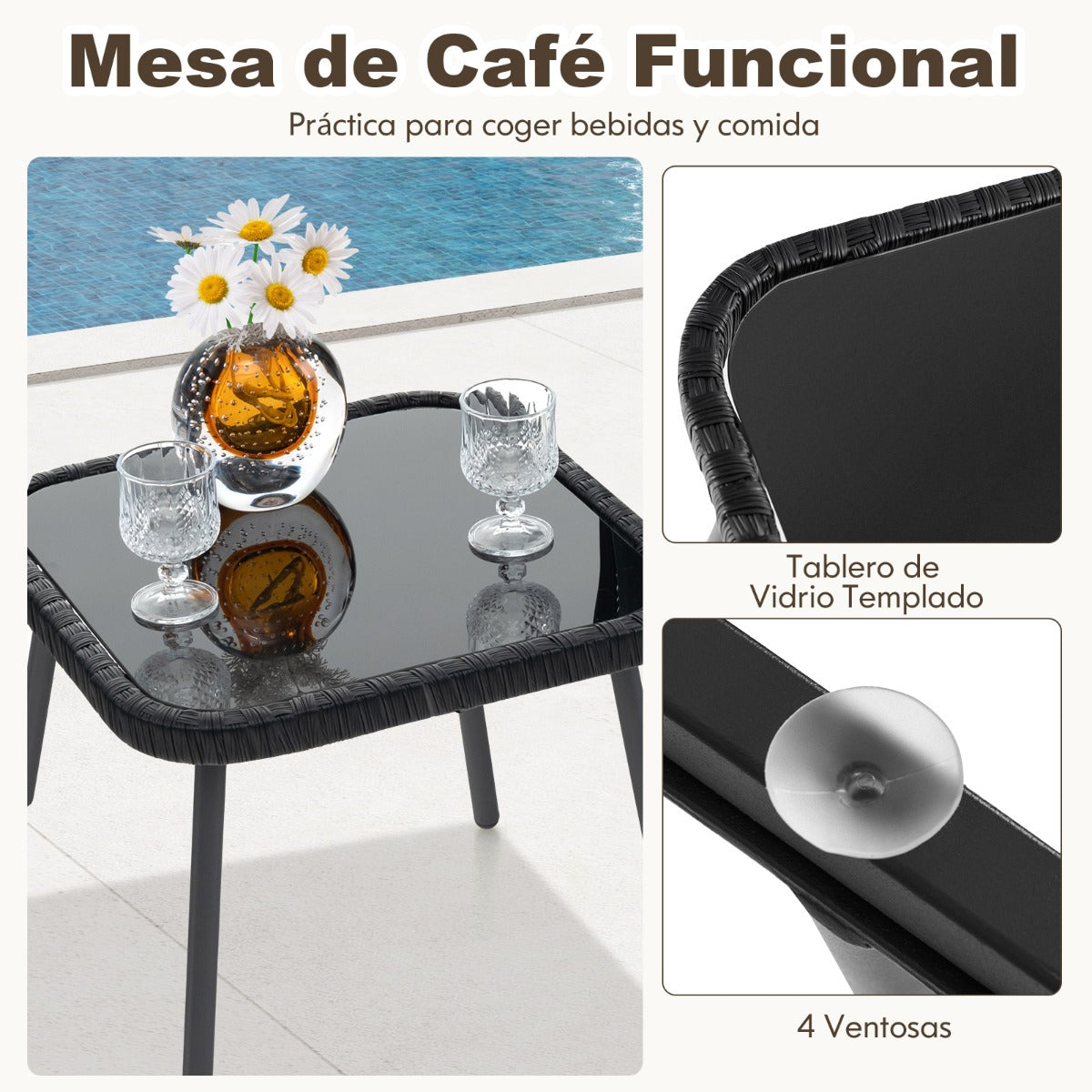 Juego de Muebles de Ratán de 3 Piezas con Sillas Acolchadas Mesa de Vidrio Templado Asiento de Mimbre Respaldo Tejido de Cuerda Negro