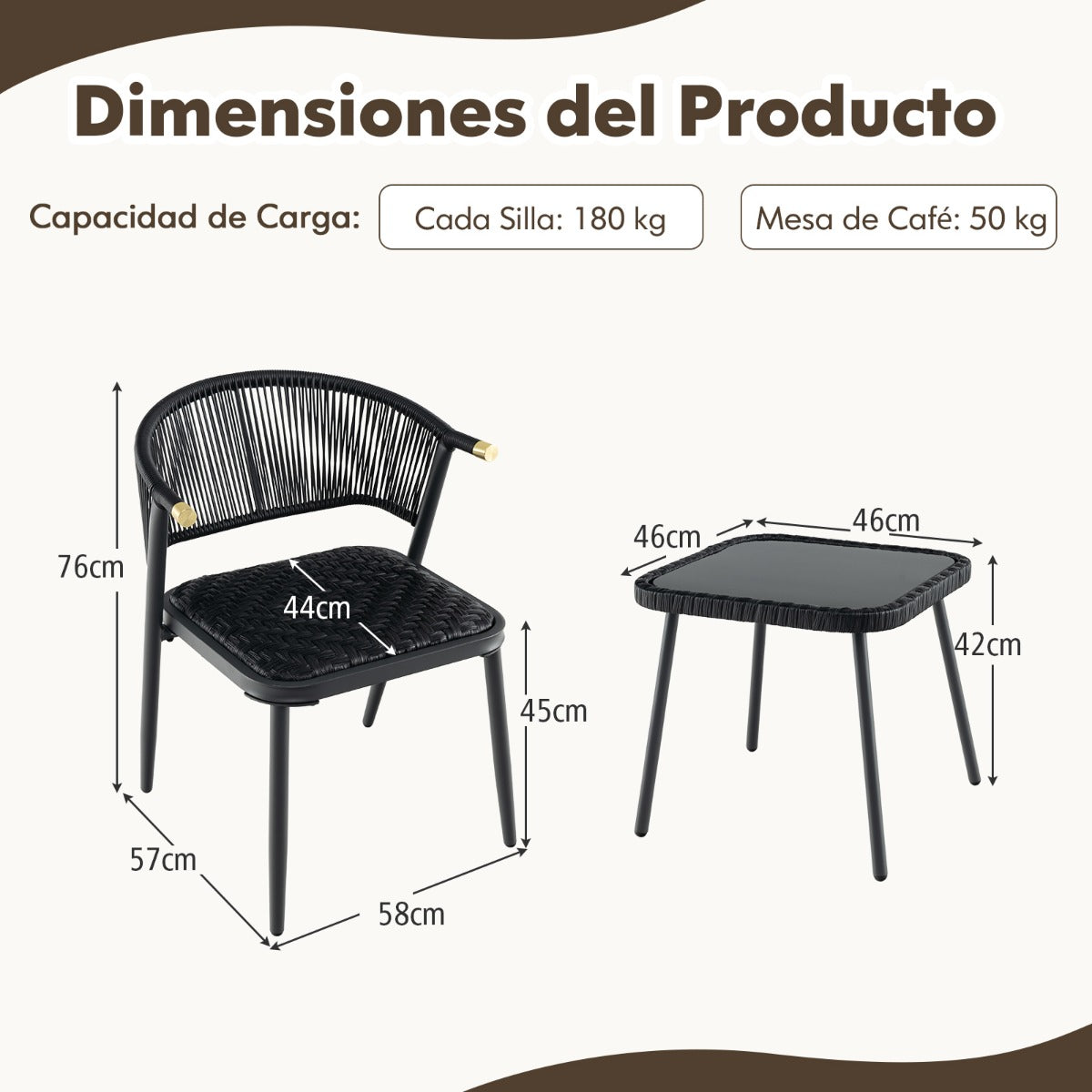 Juego de Muebles de Ratán de 3 Piezas con Sillas Acolchadas Mesa de Vidrio Templado Asiento de Mimbre Respaldo Tejido de Cuerda Negro