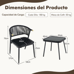 Juego de Muebles de Ratán de 3 Piezas con Sillas Acolchadas Mesa de Vidrio Templado Asiento de Mimbre Respaldo Tejido de Cuerda Negro