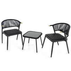 Juego de Muebles de Ratán de 3 Piezas con Sillas Acolchadas Mesa de Vidrio Templado Asiento de Mimbre Respaldo Tejido de Cuerda Negro