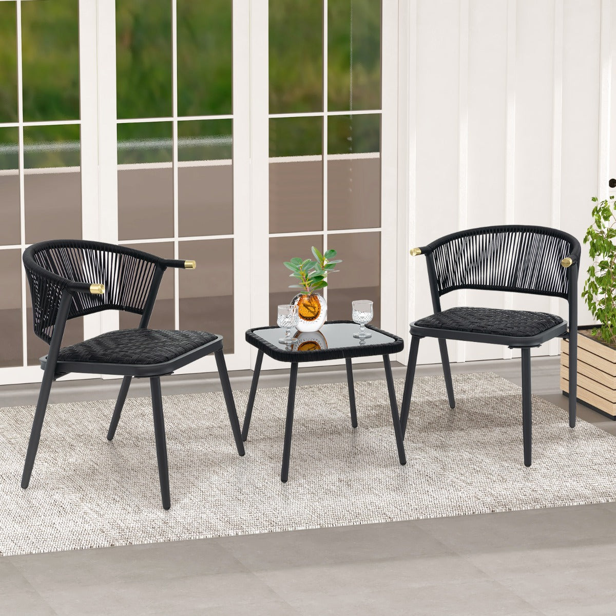Juego de Muebles de Ratán de 3 Piezas con Sillas Acolchadas Mesa de Vidrio Templado Asiento de Mimbre Respaldo Tejido de Cuerda Negro
