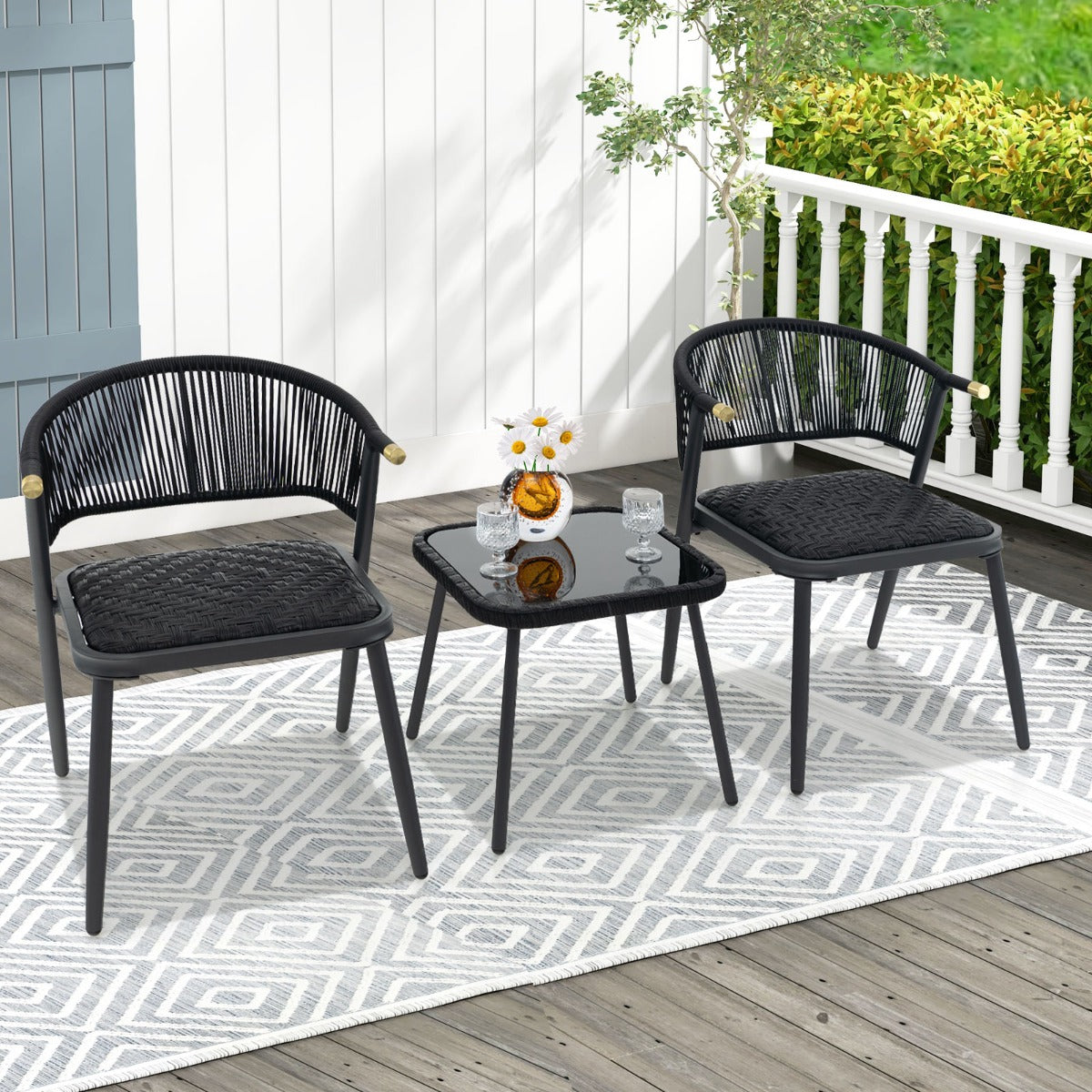 Juego de Muebles de Ratán de 3 Piezas con Sillas Acolchadas Mesa de Vidrio Templado Asiento de Mimbre Respaldo Tejido de Cuerda Negro