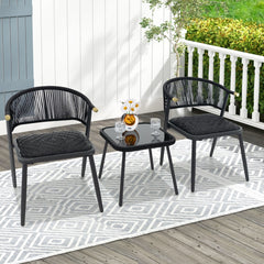 Juego de Muebles de Ratán de 3 Piezas con Sillas Acolchadas Mesa de Vidrio Templado Asiento de Mimbre Respaldo Tejido de Cuerda Negro