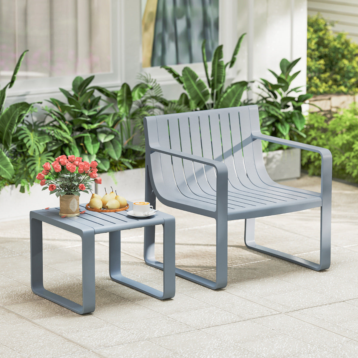 Juego de Muebles para Patio de 2 Piezas Silla de PP con Mesa de Café Conjunto de Mesa y Silla Bistró de Listones para Porche y Jardín Gris